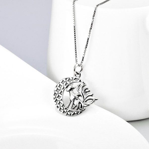 925 Sterling Silver Fox Crescent Moon Necklace -5