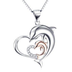 925 Sterling Silver Two Tone Dolphin Double Heart Necklace-0