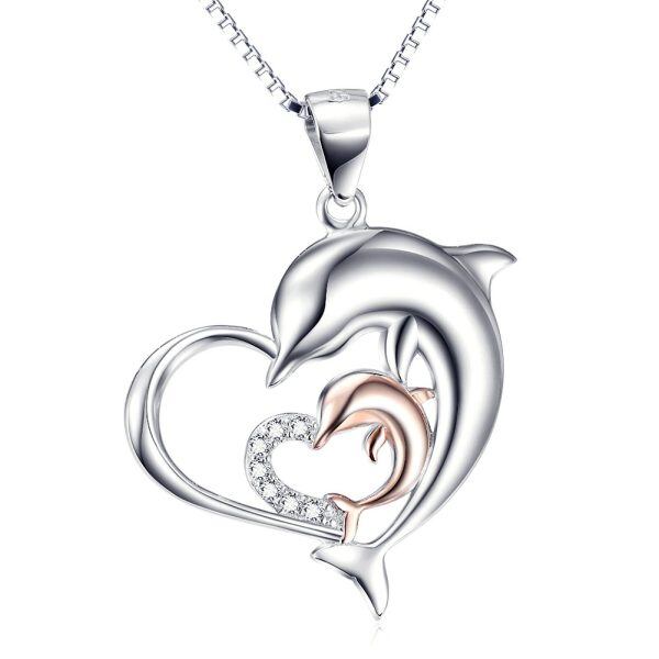 925 Sterling Silver Two Tone Dolphin Double Heart Necklace-0