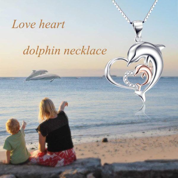 925 Sterling Silver Two Tone Dolphin Double Heart Necklace-3