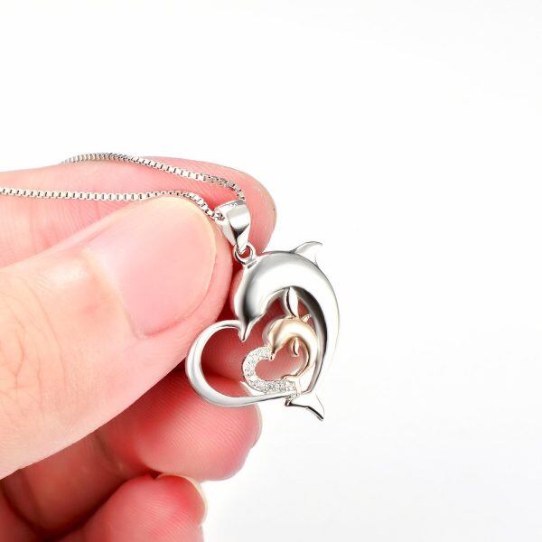 925 Sterling Silver Two Tone Dolphin Double Heart Necklace-4