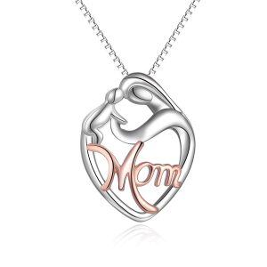 925 Sterling Silver Mother Child Love Heart Pendant Necklace-0