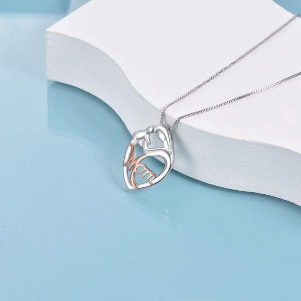 925 Sterling Silver Mother Child Love Heart Pendant Necklace-2