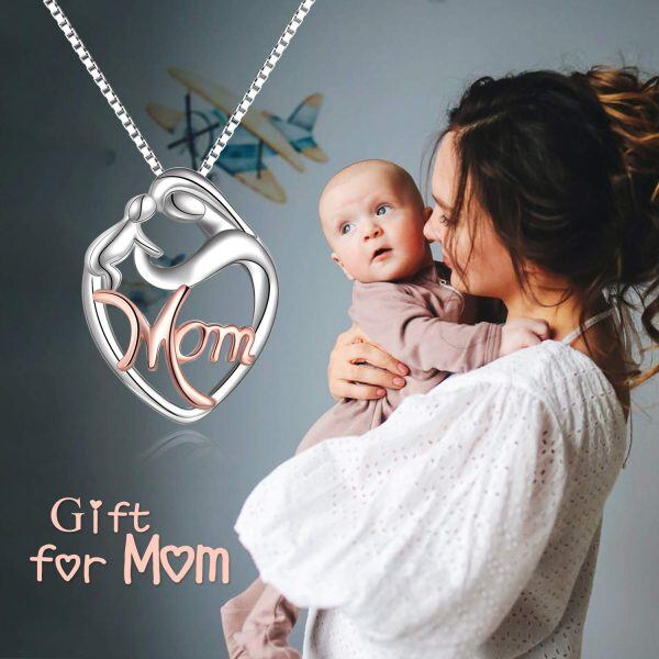 925 Sterling Silver Mother Child Love Heart Pendant Necklace-4