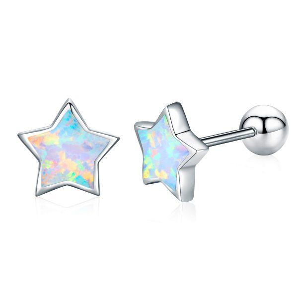 Sterling Silver Opal Star Stud Earrings-0