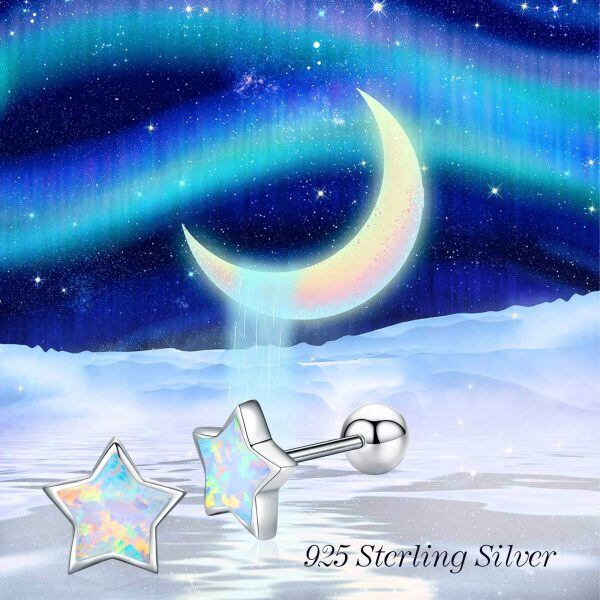 Sterling Silver Opal Star Stud Earrings-3