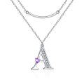 wholesale 925 Sterling Silver Heart-Shaped Purple Stone Letter A Pendant Double Chain Necklace for Women-0-0