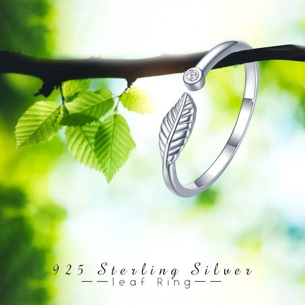 925 Sterling Silver Leaf Zircon Open Ring-5