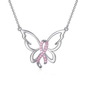 Sterling Silver Breast Cancer Butterfly Necklace-0