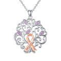 wholesale 925 Sterling Silver Pink Crystal Survivor Ribbon Tree of Life Pendant Necklace-0-0