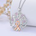 wholesale 925 Sterling Silver Pink Crystal Survivor Ribbon Tree of Life Pendant Necklace-0-1