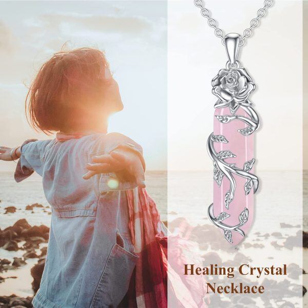 925 Sterling Silver Rose Flower Healing Crystal Necklace-5