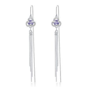 925 Sterling Silver Cubic Zircon Daisy Flower Threader Drop Dangle Earrings-0