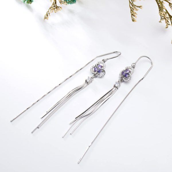 925 Sterling Silver Cubic Zircon Daisy Flower Threader Drop Dangle Earrings-1