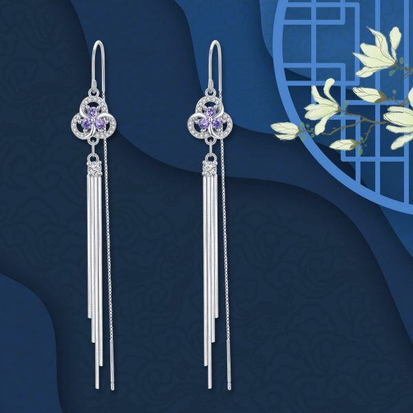 925 Sterling Silver Cubic Zircon Daisy Flower Threader Drop Dangle Earrings-5