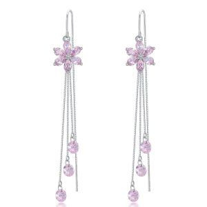 925 Sterling Silver Flower Cubic Zircon Dangle Drop Threader Earrings-0