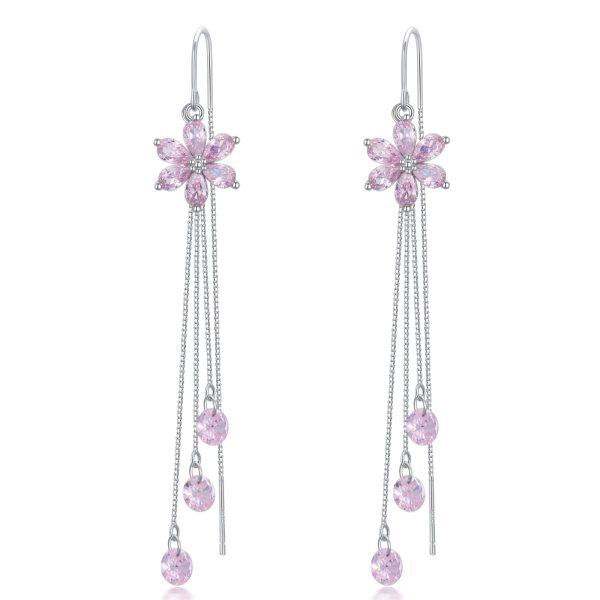 925 Sterling Silver Flower Cubic Zircon Dangle Drop Threader Earrings-0