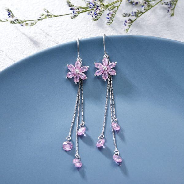 925 Sterling Silver Flower Cubic Zircon Dangle Drop Threader Earrings-1