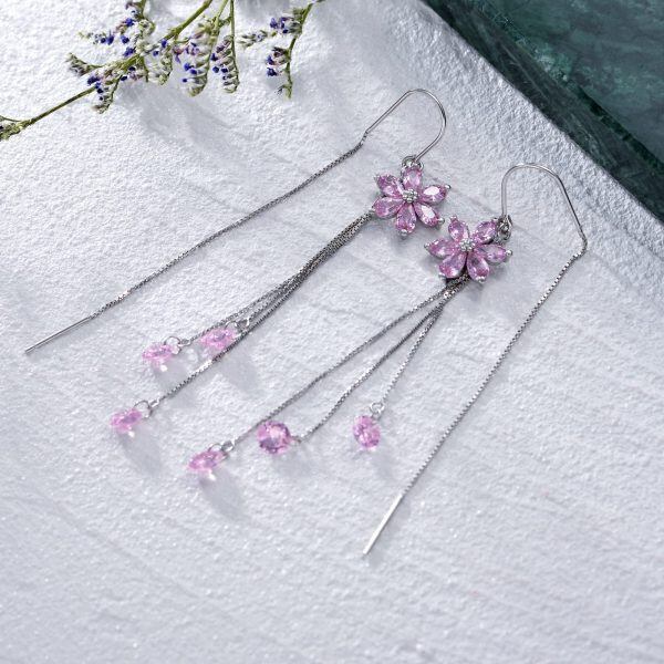 925 Sterling Silver Flower Cubic Zircon Dangle Drop Threader Earrings-2