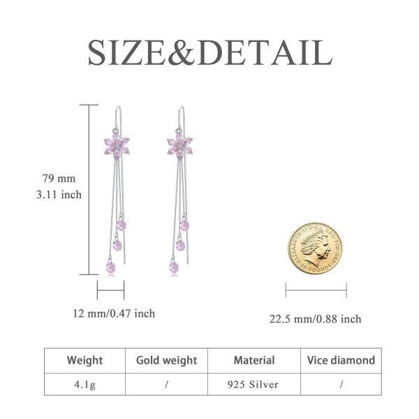 925 Sterling Silver Flower Cubic Zircon Dangle Drop Threader Earrings-3