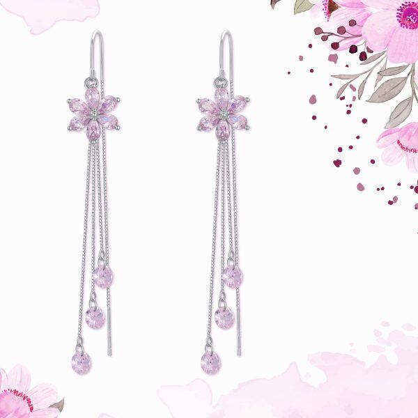 925 Sterling Silver Flower Cubic Zircon Dangle Drop Threader Earrings-5