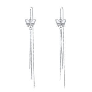 925 Sterling Silver Butterfly Tassel Drop Dangle Threader Earrings-0