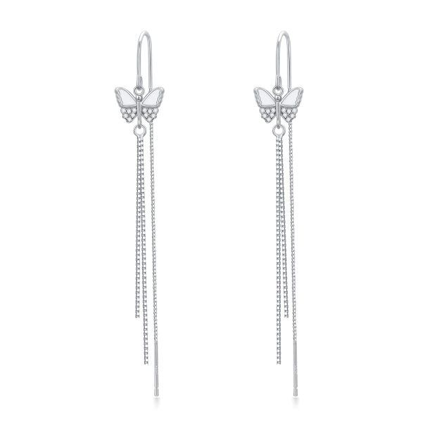 925 Sterling Silver Butterfly Tassel Drop Dangle Threader Earrings-0