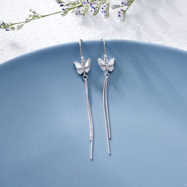 925 Sterling Silver Butterfly Tassel Drop Dangle Threader Earrings-1