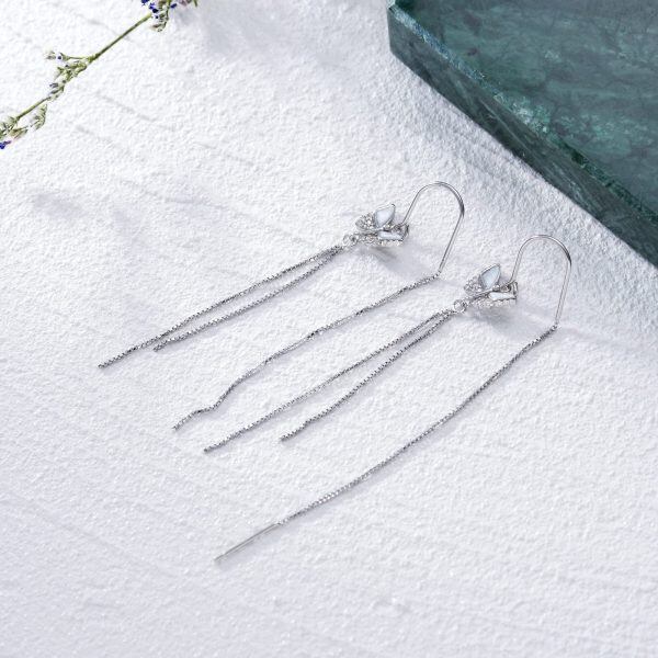 925 Sterling Silver Butterfly Tassel Drop Dangle Threader Earrings-3