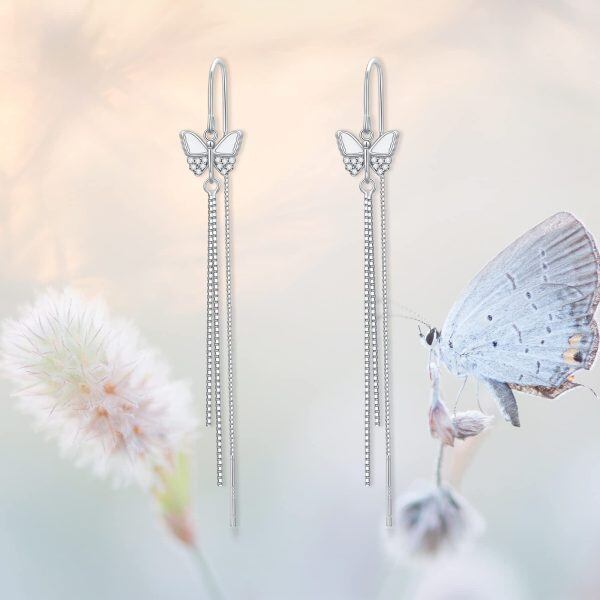 925 Sterling Silver Butterfly Tassel Drop Dangle Threader Earrings-5