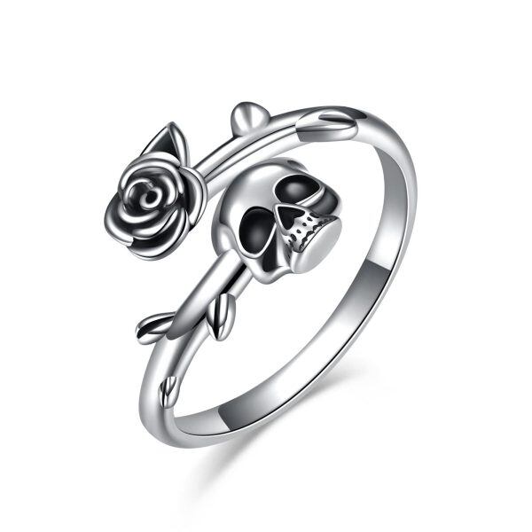 925 Sterling Silver Gothic Rose Flower Skull Open Ring-0