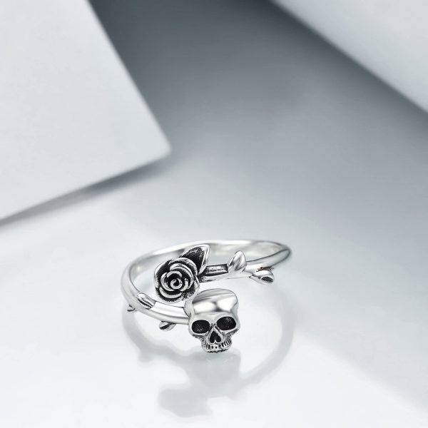 925 Sterling Silver Gothic Rose Flower Skull Open Ring-2