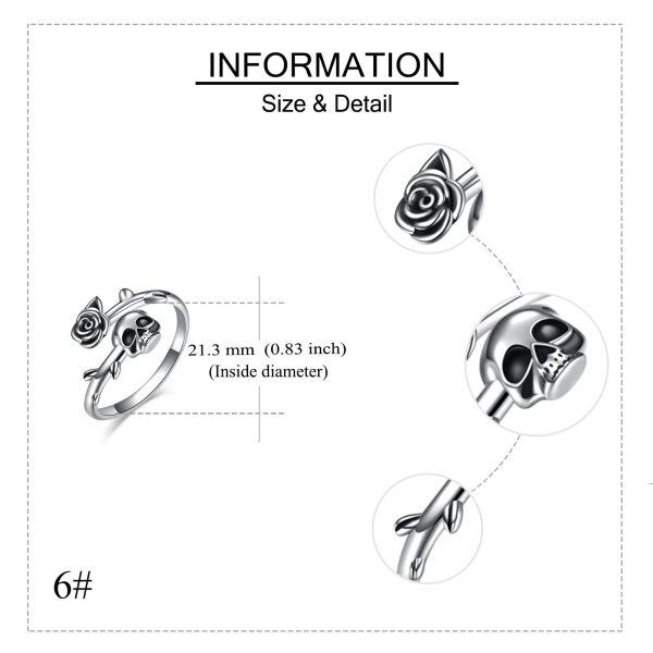 925 Sterling Silver Gothic Rose Flower Skull Open Ring-3