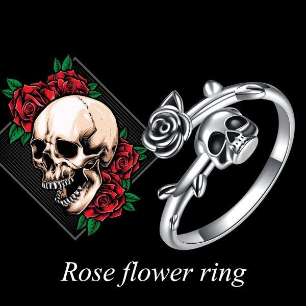 925 Sterling Silver Gothic Rose Flower Skull Open Ring-4