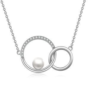 925 Sterling Silver Double Circle 7-8mm Freshwater Pearl Necklace-0