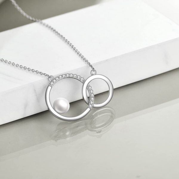 925 Sterling Silver Double Circle 7-8mm Freshwater Pearl Necklace-2