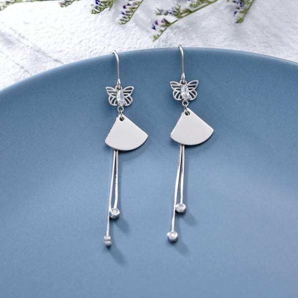 925 Sterling Silver Butterfly Tassel Threader Drop Dangle Earrings-1