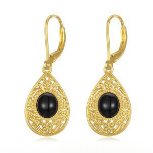 925 Sterling Silver Gold Plated Black Onyx Dangle Drop Earrings-0