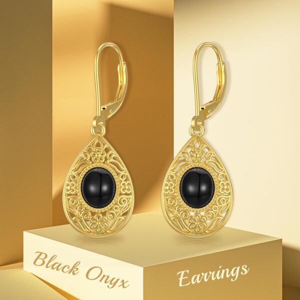 925 Sterling Silver Gold Plated Black Onyx Dangle Drop Earrings-5