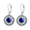 wholesale 925 Sterling Silver Round Blue Sapphire & Crystal Halo Dangle Leverback Earrings-0-0