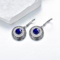 wholesale 925 Sterling Silver Round Blue Sapphire & Crystal Halo Dangle Leverback Earrings-0-3