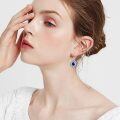 wholesale 925 Sterling Silver Round Blue Sapphire & Crystal Halo Dangle Leverback Earrings-0-5