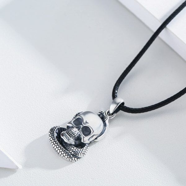 Sterling Silver Skull Snake Necklace-1