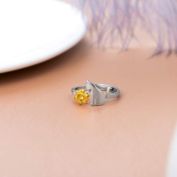 Sterling Silver Kitty Sunflower Rings-3