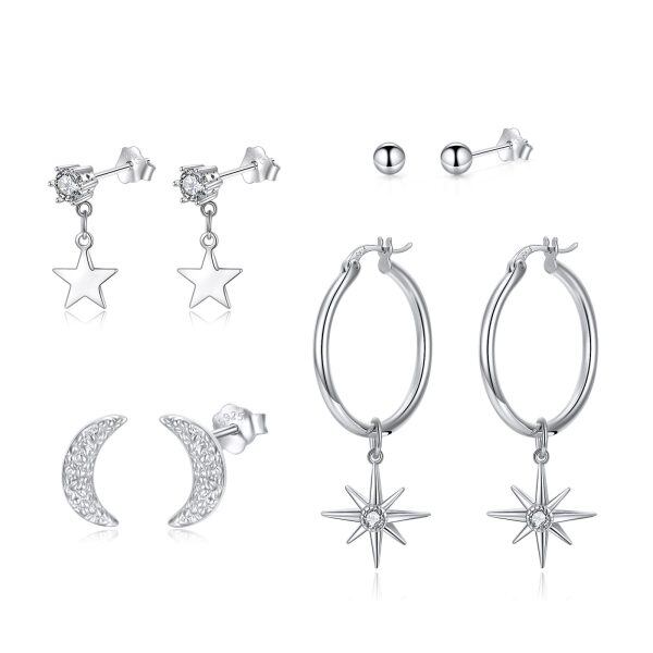 Sterling Silver Earrings Set for Women Moon and Star Chain Stud Ear Cuff Ear Stud for Multiple Piercing-0