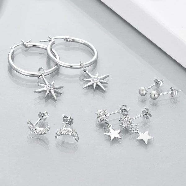 Sterling Silver Earrings Set for Women Moon and Star Chain Stud Ear Cuff Ear Stud for Multiple Piercing-2