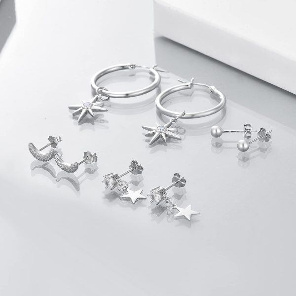 Sterling Silver Earrings Set for Women Moon and Star Chain Stud Ear Cuff Ear Stud for Multiple Piercing-4