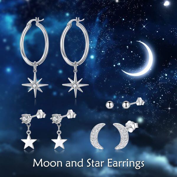 Sterling Silver Earrings Set for Women Moon and Star Chain Stud Ear Cuff Ear Stud for Multiple Piercing-5