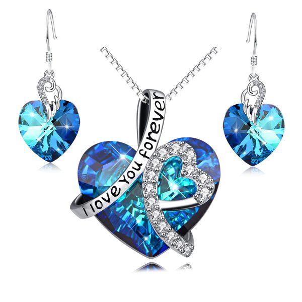 Sterling Silver Heart Crystal Necklace and Earrings Set-0