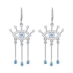 Sterling Silver Heart Evil Eye Dangling Drop Charm Earrings-0